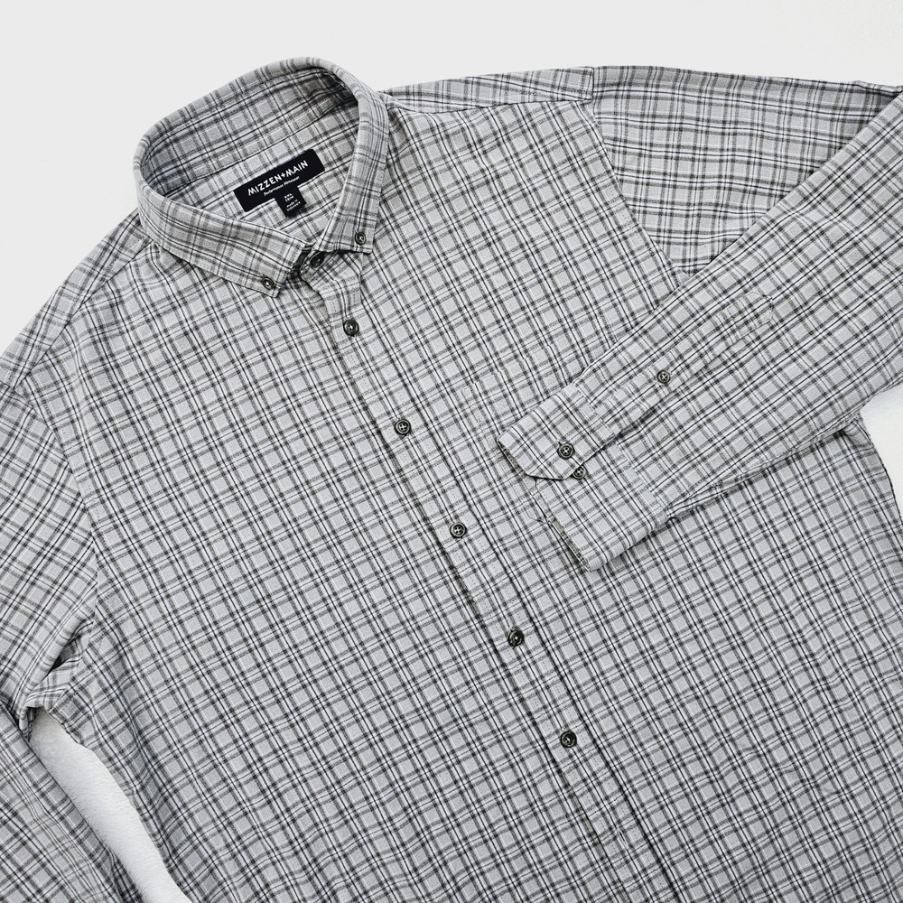 Mizzen + Main Mens 2XL XXL Plaid Checkered Grey‎ Office Performance Shirt Preppy